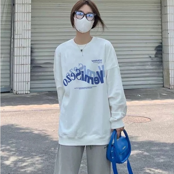 【ZHELIHANGFEI】Áo len tay dài in chữ T - áo kiểu dáng trường đại học rộng rãi đa năng