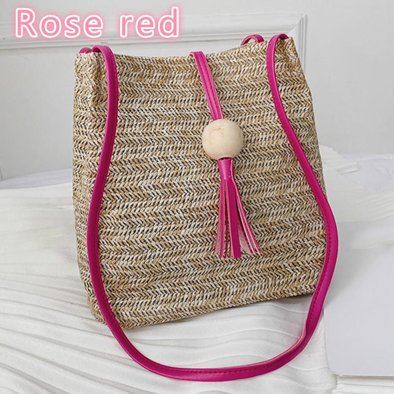 Summer Female Bucket Single Shoulder Straw Bag Wooden Ball Tassel Crossbody Bag