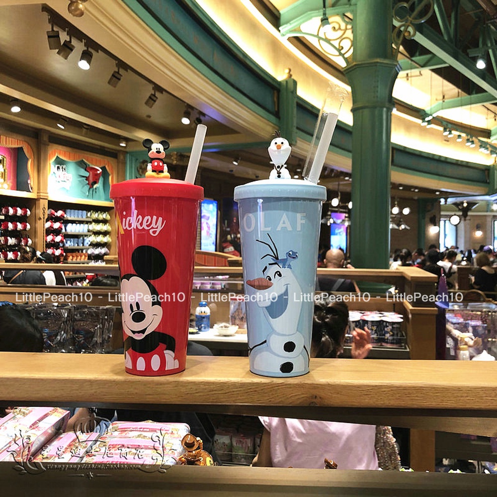 Ly nhựa uống nước Disney thon dài có kèm ống hút nổi 3D hình Car Olaf Mickey cho trẻ em