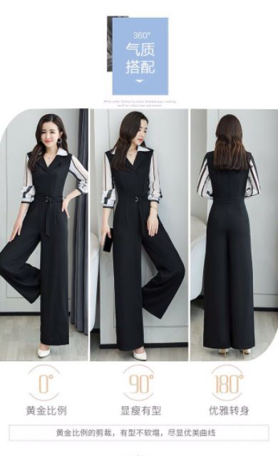 Hàng nhập - Jumpsuit dài cổ vest tay kẻ sọc, bộ gium ống rộng trẻ trung sành điệu