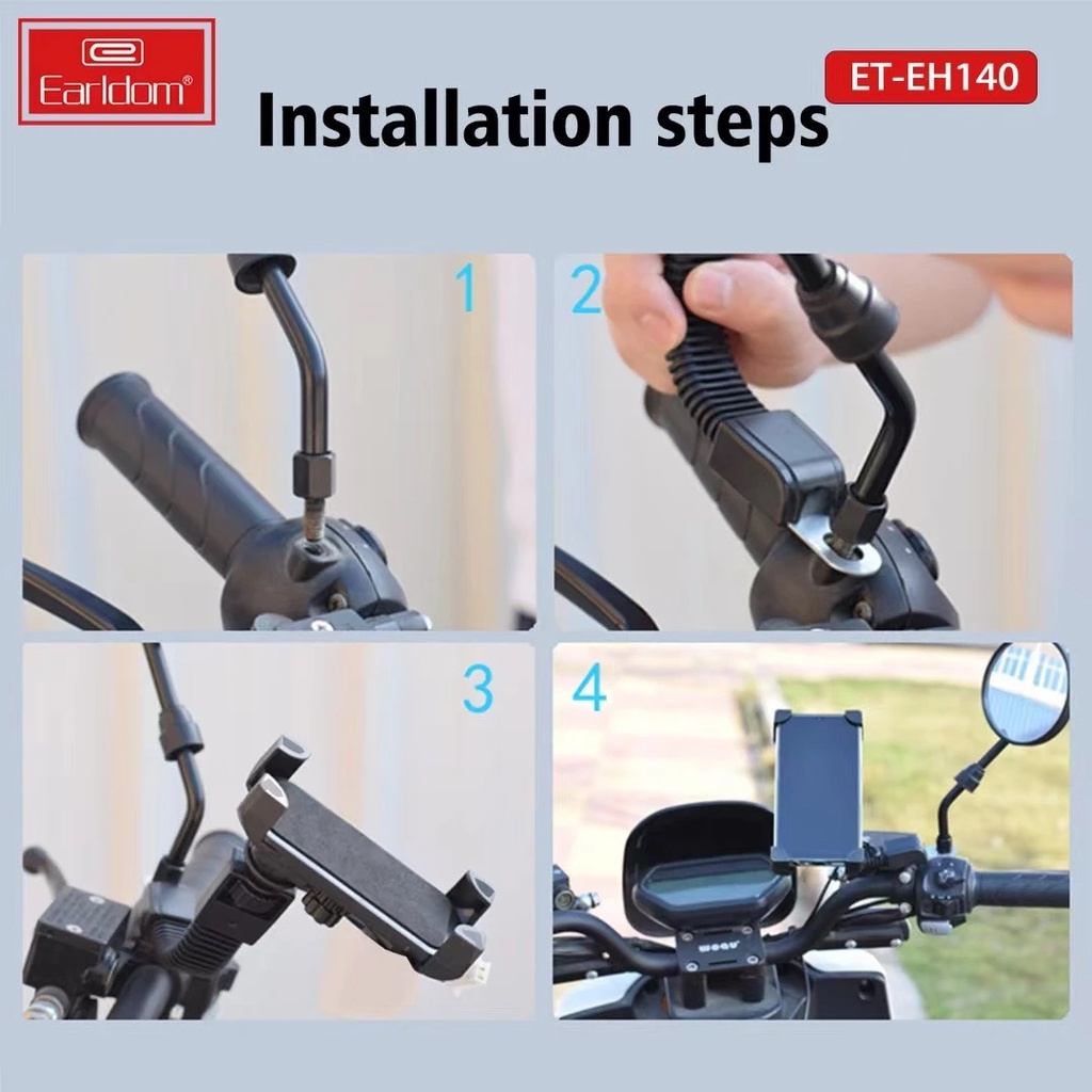 Kẹp Điện Thoại Chân Gương Xe Máy Earldom ET-EH140, khả năng quay 360 độ, thích hợp cho điện thoại từ 3.5inch-6.5inch.