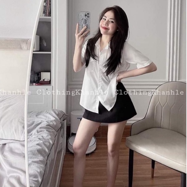 Áo sơ mi cộc tay 2 túi hot girl - áo sơ mi công sở học sinh 2022 ulzzang babydoll bánh bèo nội y xanh