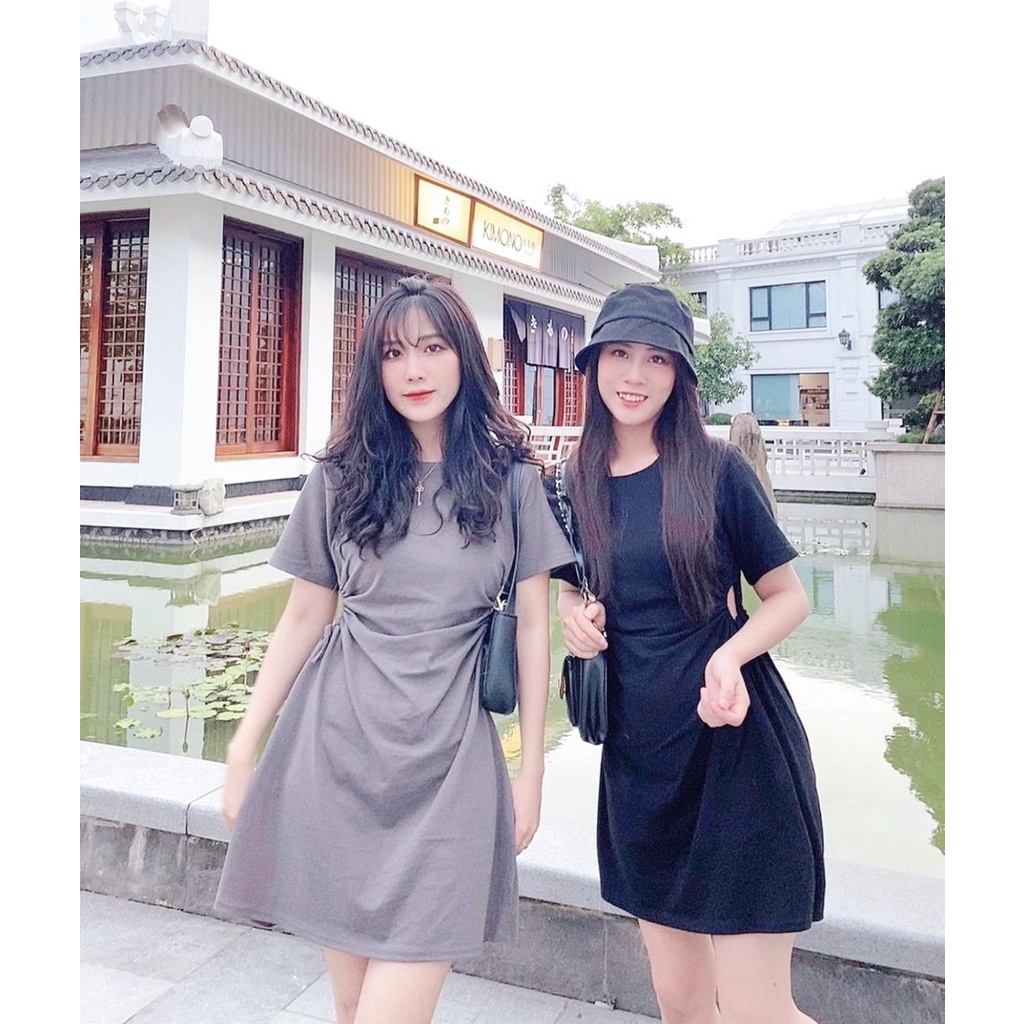 Đầm trơn xoè nhẹ rút dây eo