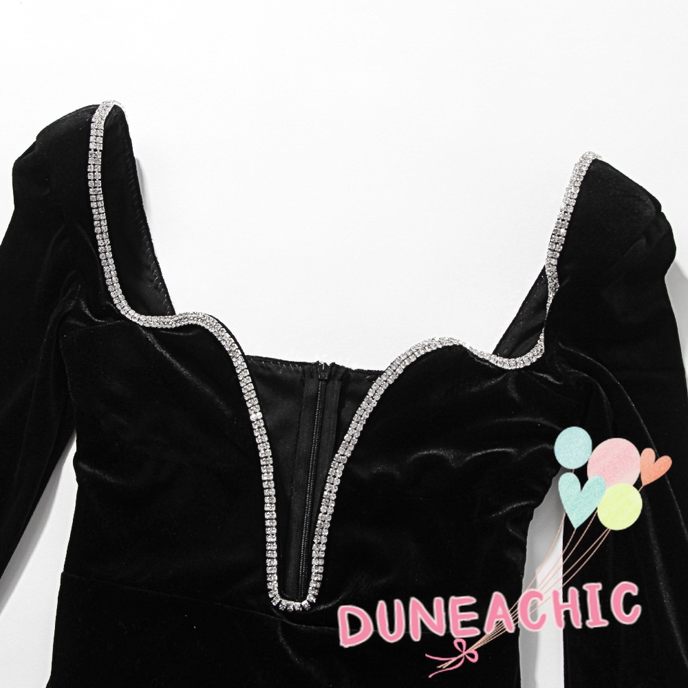 DUNEA Đầm Nhung Đen Dài Tay Cổ Chữ V Khoét Sâu Hở Lưng Gợi Cảm Cho Nữ