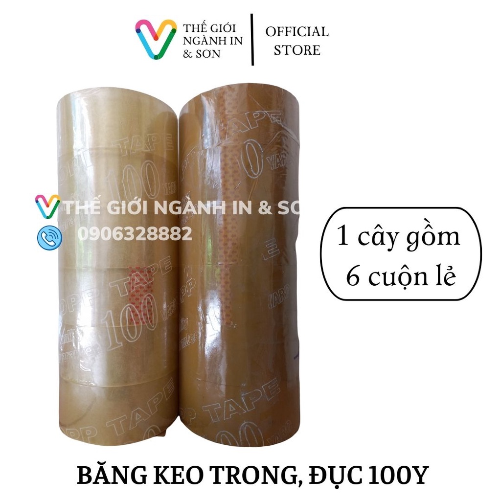 1 cây băng keo trong, băng keo đục 100Y, 200Y dùng để dán thùng carton, đóng gói hàng, 6 cuộn 1 cây siêu tiết kiệm