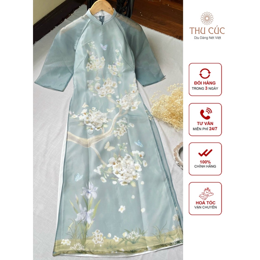 Áo Dài Cách Tân Thu Cúc  Đính Hoa Cao Cấp Màu Xanh Ngọc Mềm Mịn Thoáng Mát