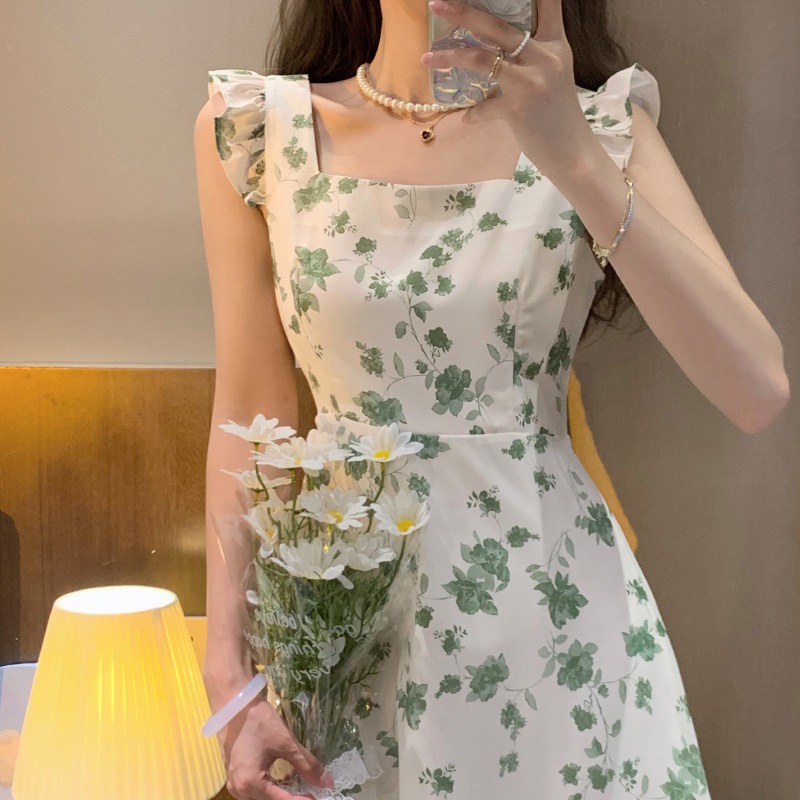 Váy đầm hai dây hoa lá green đi biển du lịch ngọt ngào phong cách Hàn Quốc