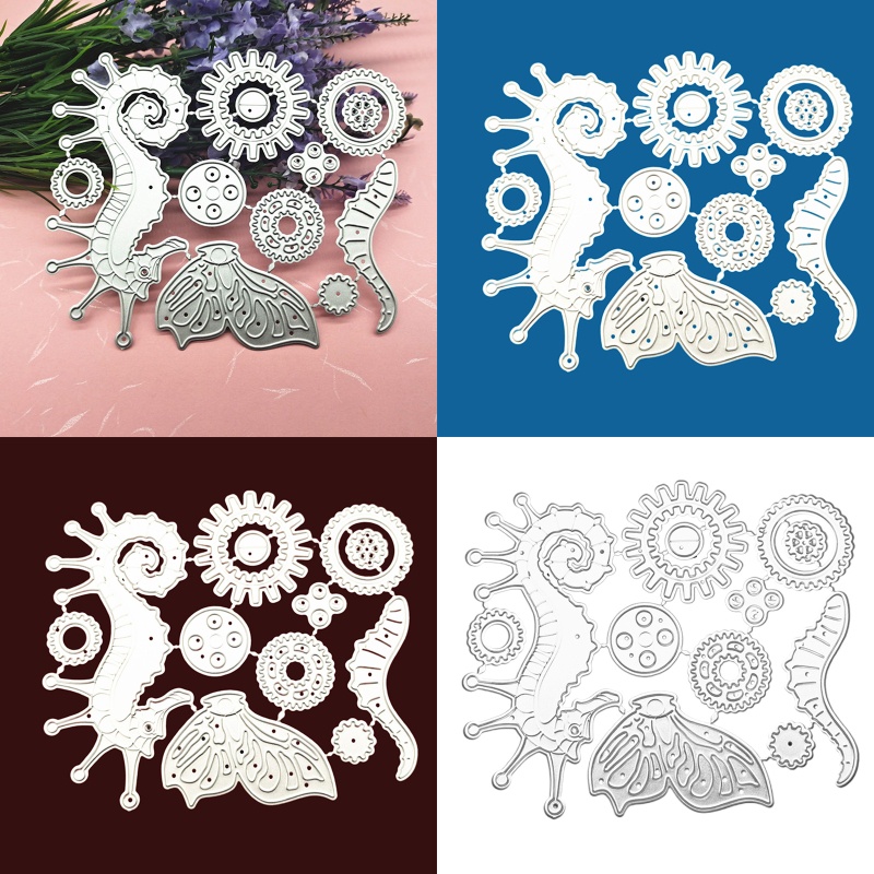 GREE Aoto Khuôn Cắt Giấy Kim Loại Hình Bánh Răng Cá Ngựa Bay Steampunk DIY Cho Album Ảnh Hy Lạp