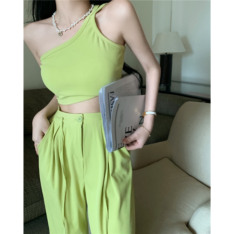 Set Áo Lệch Vai + Quần Ống Rộng Lưng Cao Phong Cách Hàn Quốc Thời Trang Mùa Hè Cho Nữ