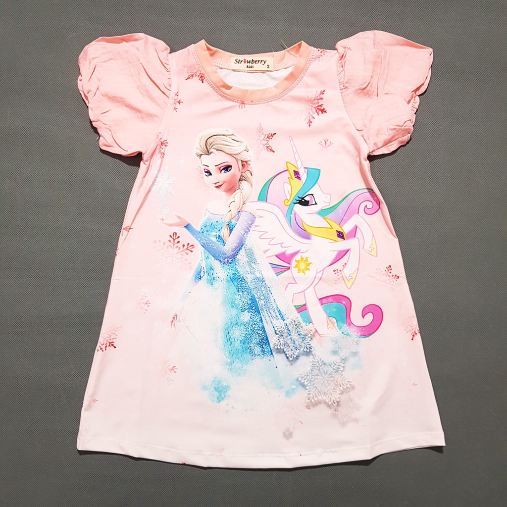 Đầm thun from suông chữ A in 3d ngựa pony  công chúa elsa và nàng tiên cá siêu mềm mát  cho bé gái