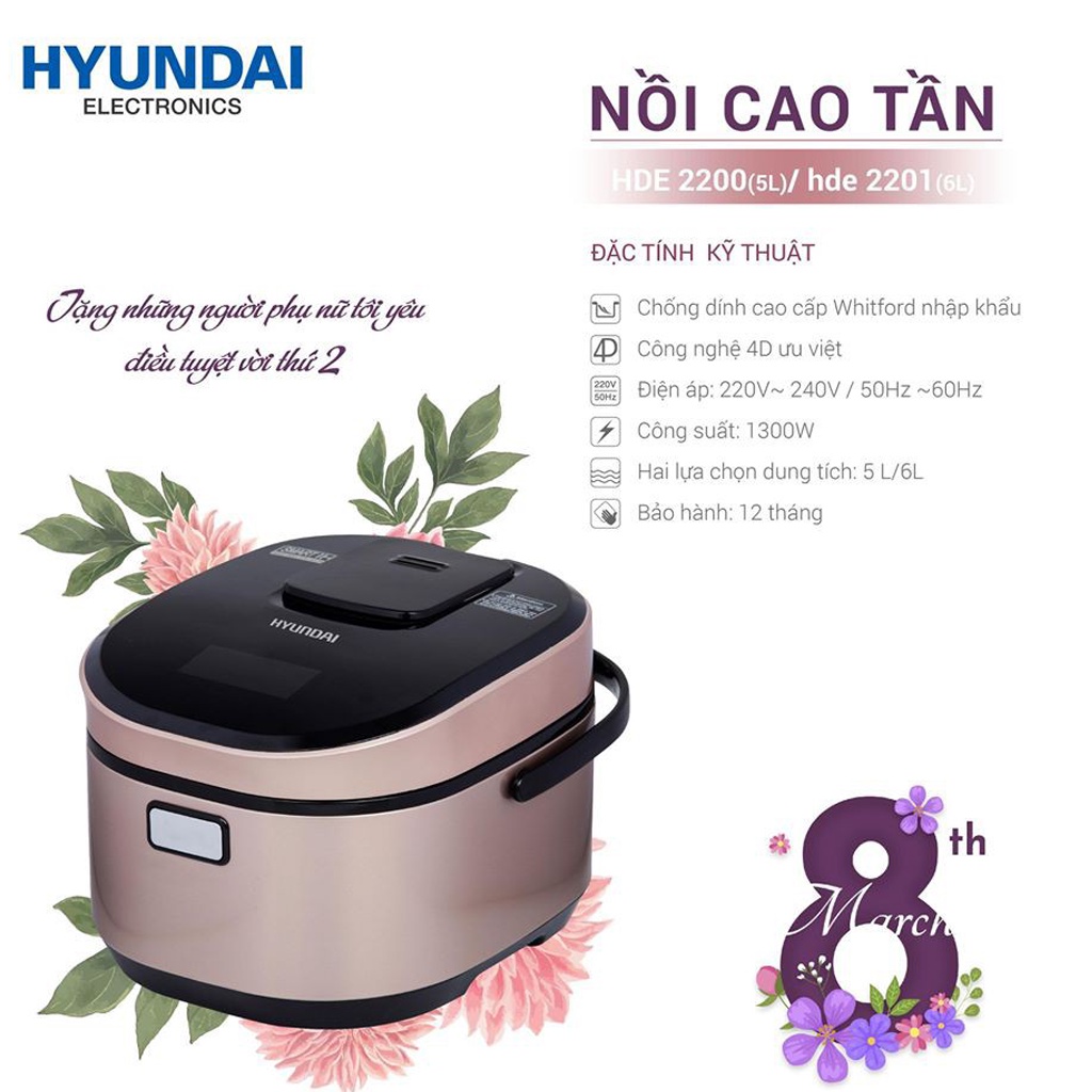 Nồi Cơm Điện Cao Tần HYUNDAI HDE 2201G, Chế Độ Nấu Đa Dạng, Dễ Dàng Sử Dụng