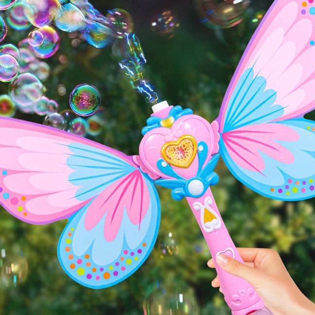Đồ chơi thổi bong bóng tự động có nhạc và đèn, gậy thổi bong bóng có cánh thiên thần