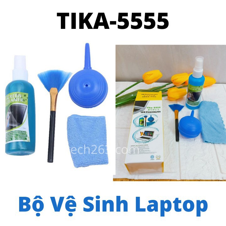 Bộ vệ sinh laptop, LCD (4 dụng cụ)-Bộ vệ sinh 4 món Tika 555 Xịt Bụi Nước Lau Chổi Quét Khăn Lau