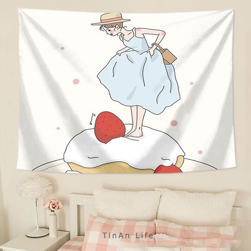 Thảm Treo Tường Tranh Vải Trang Trí, Vải Treo Tường Decor, Thảm Tapestry, Hình Cô Gái Đáng Yêu