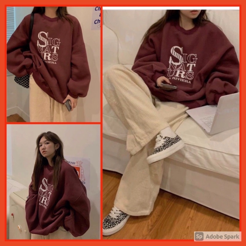 Set Nỉ SIGNATURS Nữ [FREESHIP] 🌸 Bộ đồ sweater form rộng, quần nhung tăm kèm áo nỉ ngoại màu ĐỎ Ulzzang 🌸