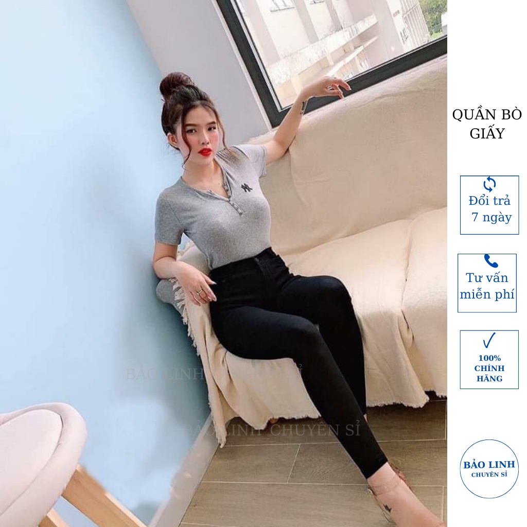 Quần bò giấy nữ cạp cao một cúc khóa trước mềm mại co dãn dáng skinny thon gọn chân