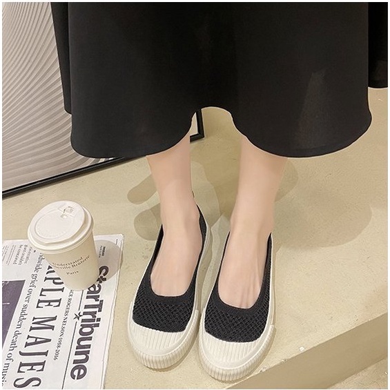 Giày Nữ Ulzzang Vintage, Giày Búp Bê Vải Dệt Kim Thoáng Khí Êm Chân Mix 2 Màu Đế Độn 3cm, Hàn Quốc - Iclassy_shoes