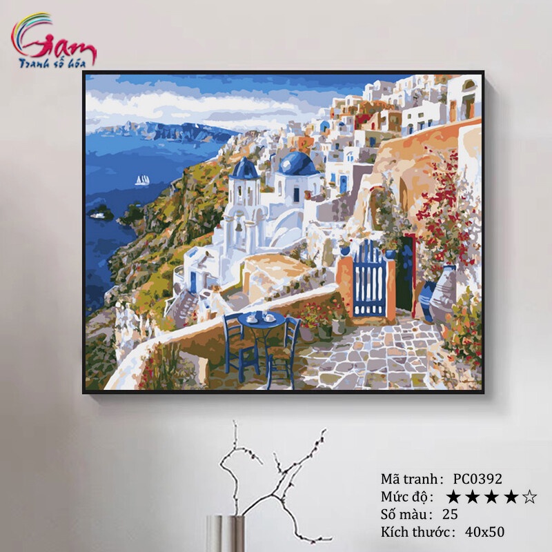 Tranh tự tô màu sơn dầu số hóa phong cảnh Địa Trung Hải Santorini - PC0392