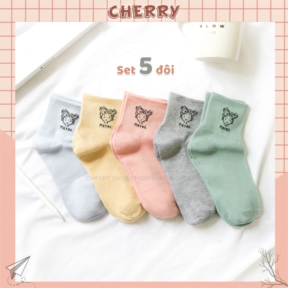 Tất vớ nữ nam cổ cao phong cách Vintage Hàn Quốc, chất liệu cotton họa tiết dễ thương- Cherry Shop