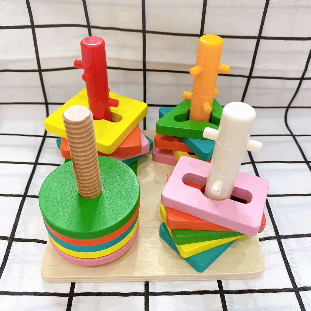 Combo Bộ thả hình khối ZICZAC 4-5 cọc, thả khối vuông giúp bé phát triển tư duy - Đồ chơi gỗ thông minh cho bé