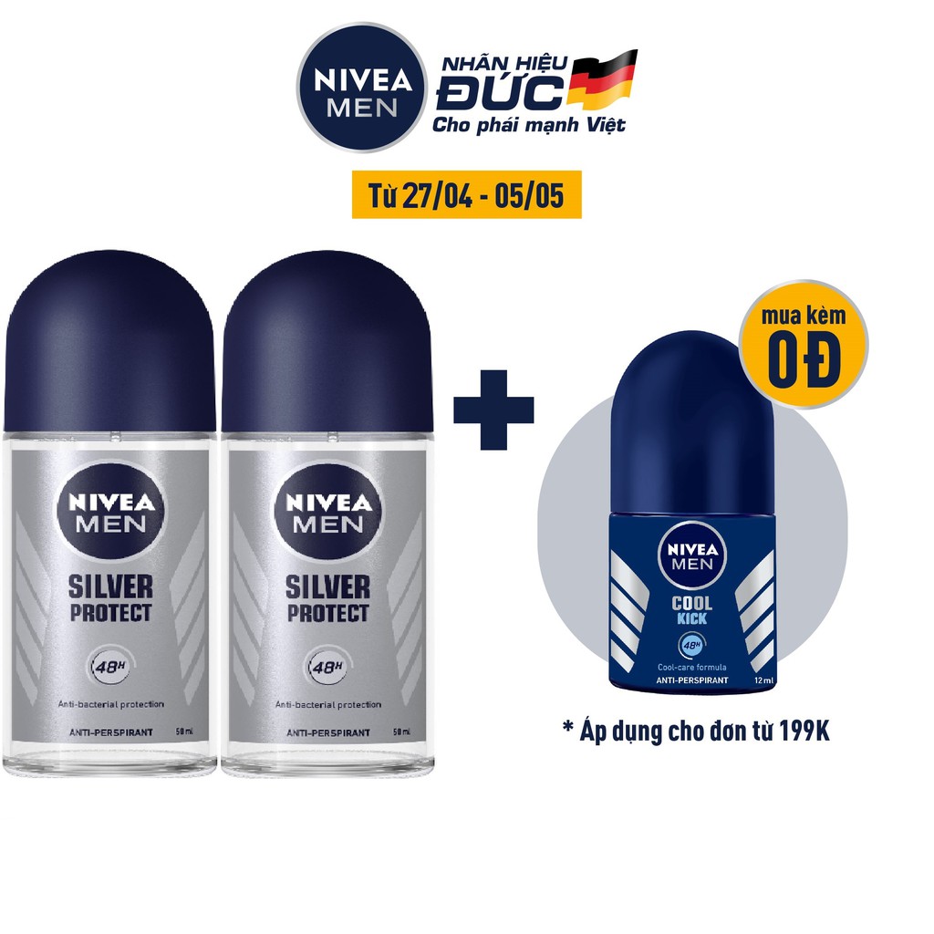 [Mã FMCGMALL -8% đơn 250K] Bộ 2 chai Lăn ngăn mùi Nivea Men phân tử bạc ngăn khuẩn gây mùi vượt trội 50ml/chai 83778