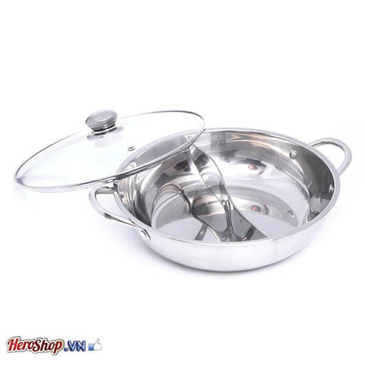 Nồi Lẩu Inox 2 Ngăn Nắp Thủy Tinh 28cm Sang Trọng Tiện Ích