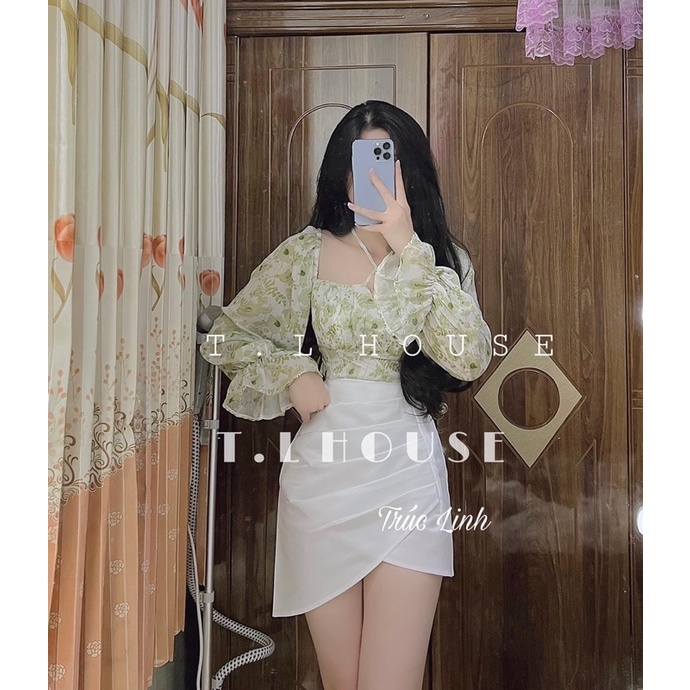 SET ÁO HOA XANH TAY LOE  + CHÂN VÁY  TRẮNG TÀ ĐẮP XÉO