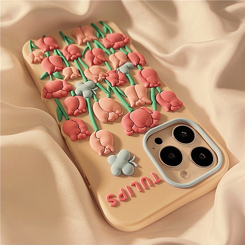 Ốp Điện Thoại Silicon Mềm Chống Sốc Hình Hoa Tulip 3D Cho iPhone 14 13 12 11 Pro Max XS XR X 8 7 6 6S Plus + SE 2020