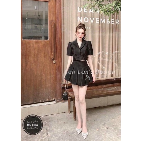 SET ÁO CỔ VEST NƠ VÀ CHÂN VÁY DẬP LI