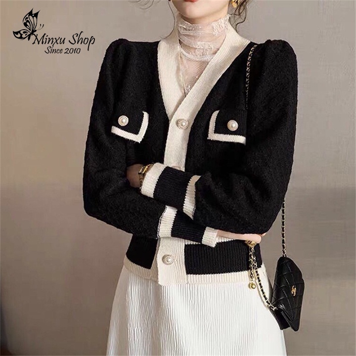 Áo cadigan nữ, áo len cổ V tiểu thư phối viền xinh xắn, chất len mềm mại | BigBuy360 - bigbuy360.vn