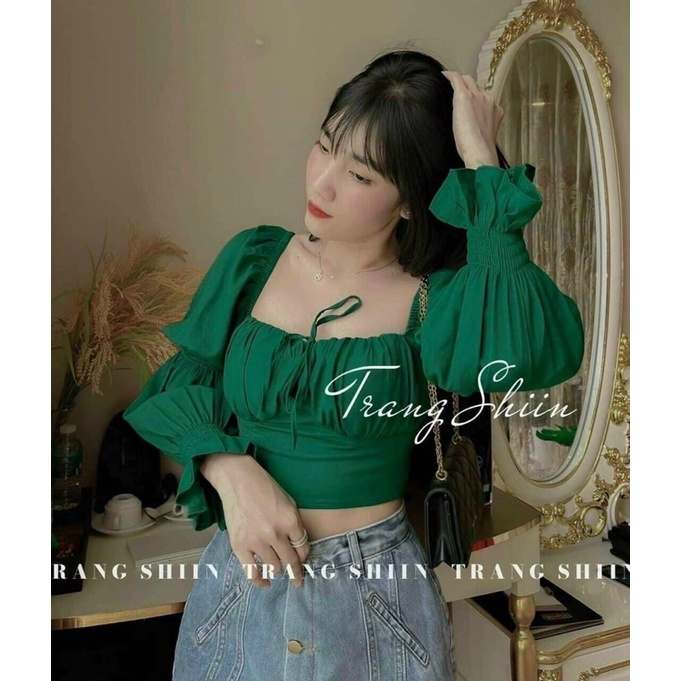 Áo Sơ Mi Cổ Vuông Chun Tay Bồng Tiểu Thư Sang Chảnh Đi Học Đi Làm Đi Chơi Màu Xanh Hottrend 2022