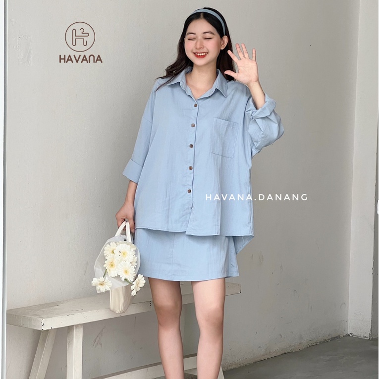Set sơ mi chân váy, chất đũi xước mềm và mát, chân váy có chun kèm lót quần AE15