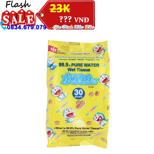 KHĂN ƯỚT NƯỚC TINH KHIẾT 99.9% LEC DORAEMON SS-302 - GÓI 30 TỜ