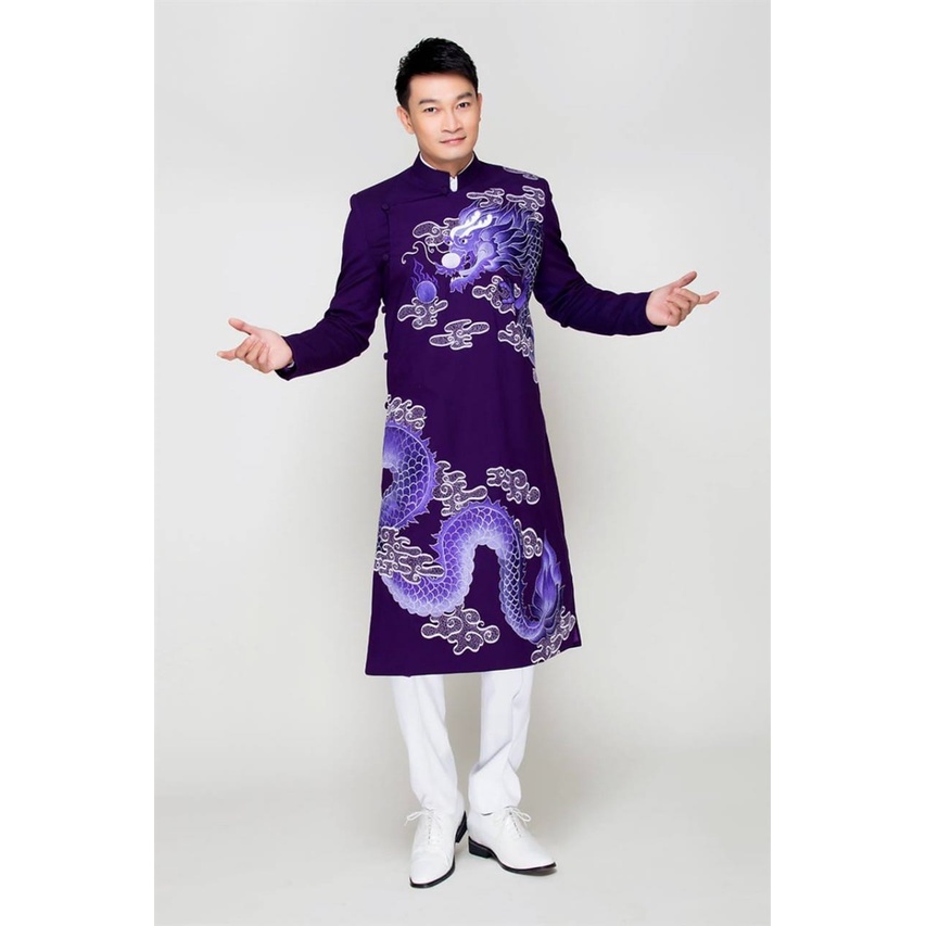 ADN1267 Áo Dài Cách Tân NAM MÀU TÍM VẼ HỌA TIẾT RỒNG BAY