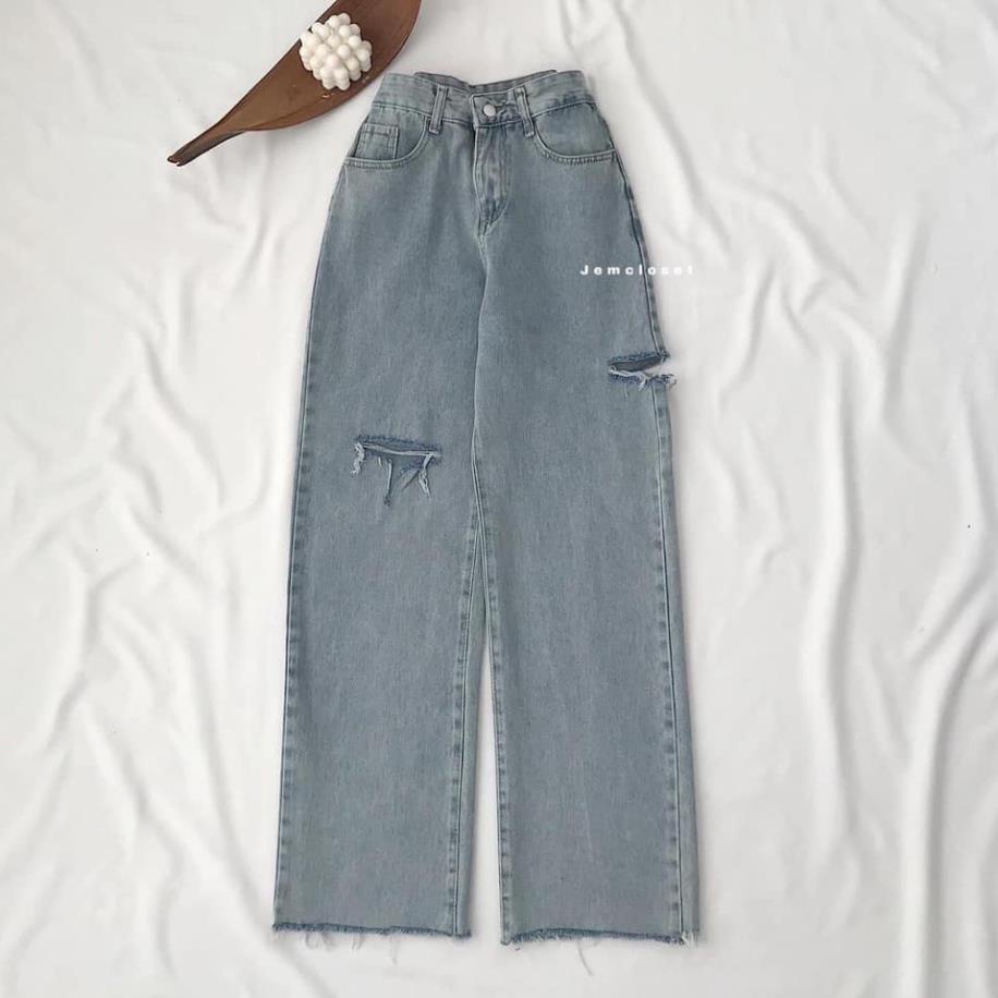 Quần jean nữ ống rộng ,quần bò nữ ống suông unisex nam hàn quốc màu xanh nhạt kèm cài eo tiện lợi uzllang