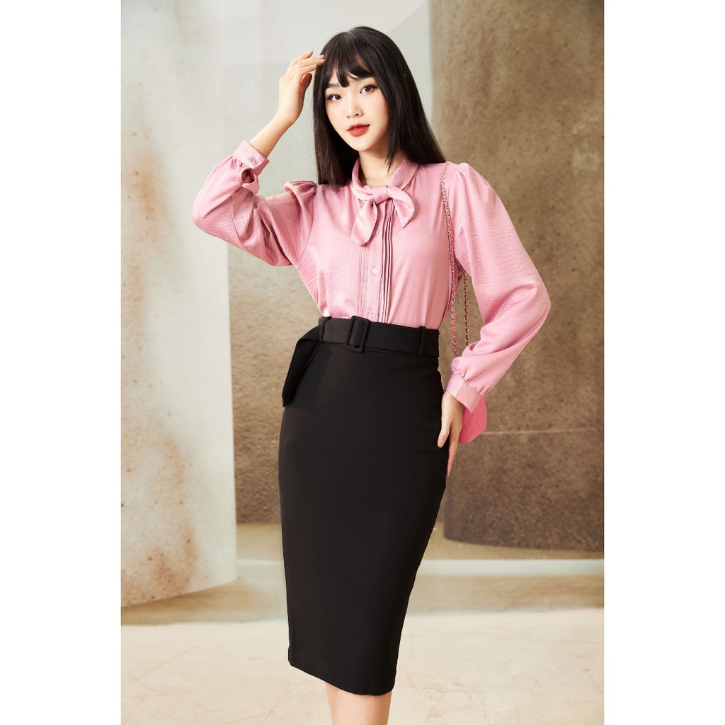 Áo sơ mi nữ dài tay nơ cổ 20AGAIN, tay bồng, gấp ly thân trước ASW0528