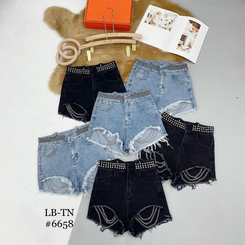 Quần đùi jean nữ,quần short đính cườm phố dây xích sang chảnh.Hàng VNXK cao cấp