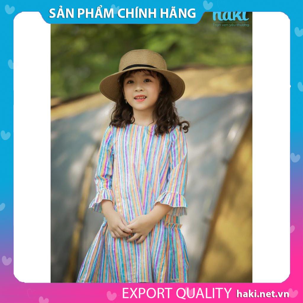 Váy bé gái thô nhún sườn hai tầng - kẻ sắc màu - Haki-HK494