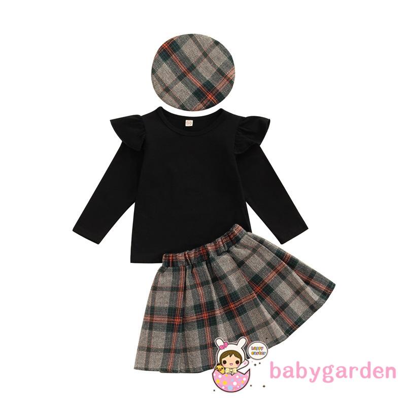 Bộ áo tay dài + chân váy kẻ sọc + mũ thời trang mùa xuân cho bé gái