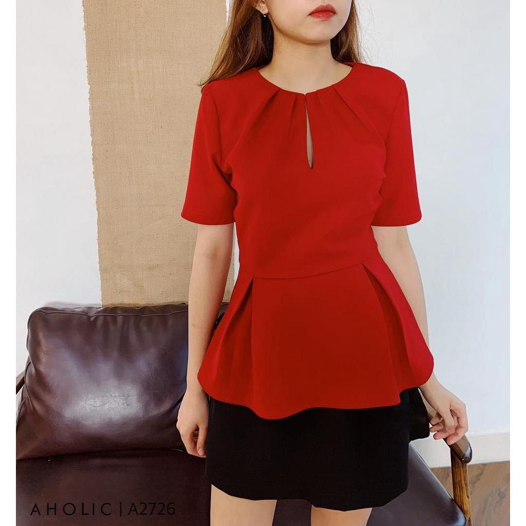 Áo peplum cổ nhún 2 màu ngắn tay Aholic A2726