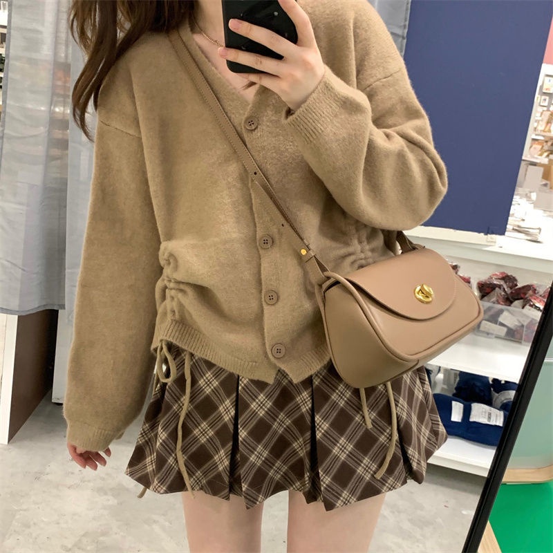 Bộ Áo Sweater Cổ Chữ V Phối Dây Rút + Chân Váy Lưng Cao Sọc Ca Rô Xếp Ly Đáng Yêu Cho Nữ
