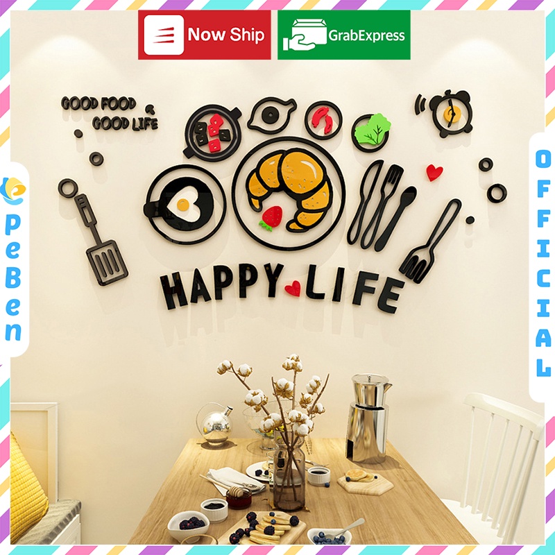 Tranh dán tường mica 3d decor khổ lớn Happy Life trang trí phòng bếp nhà ăn nhà hàng Nhiều Size - EPeBen