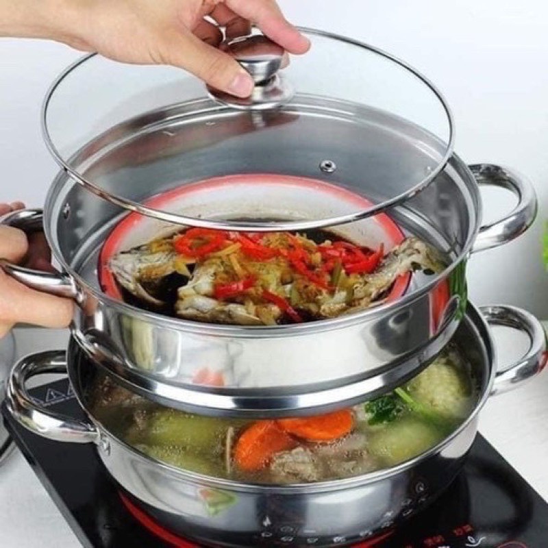 Bộ xửng hấp inox 28cm - nồi hấp đa năng 2 tầng cao cấp nắp kính tiện dụng hấp xôi - hấp bánh bao