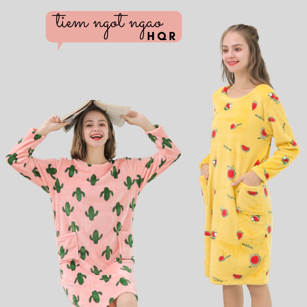 Váy ngủ bông mềm mại ngọt ngào, hoạ tiết trái cây xinh xắn ấm áp