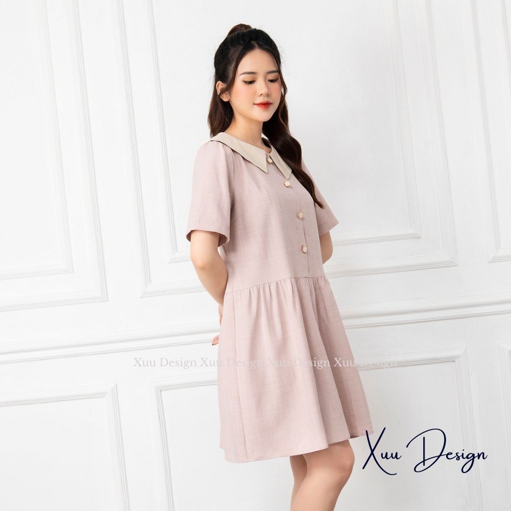 Váy babydoll tay ngắn cổ tròn, đầm suông dáng xòe nhẹ nhàng tiểu thư - Wexuu Design V05