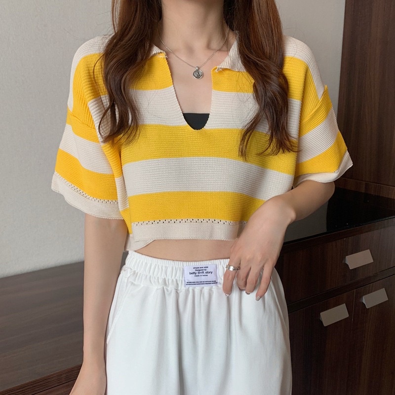 Áo croptop len tăm có cổ polo tay lỡ nhiều màu