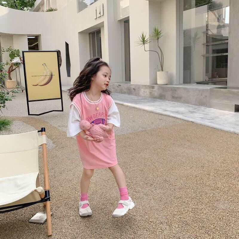 [Hàng Có Sẵn Bán Chạy] Đầm Không Tay Giả Hai Mảnh Màu Sắc Tương Phản Phong Cách Phương Tây Hàn Quốc Mùa Hè Cho Bé Gái