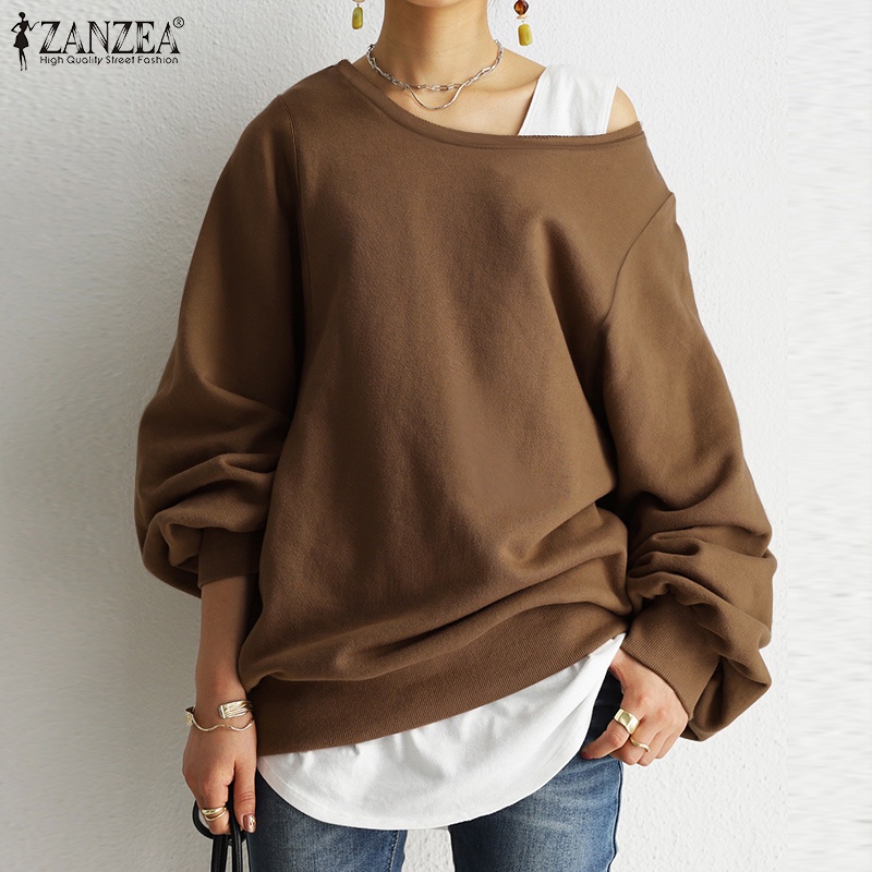 Áo sweatshirt ZANZEA tay dài cổ tròn dáng rộng màu trơn thời trang đường phố cho nữ | BigBuy360 - bigbuy360.vn