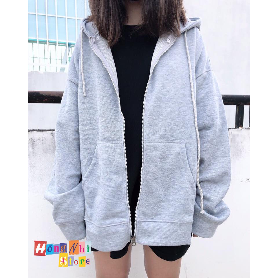 Áo Khoác Hoodie Zip Trơn Oversize Ulzzang Unisex Hoodie Dây Kéo Màu Xám Dáng Rộng - MM