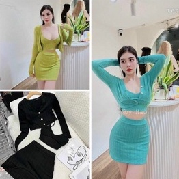 Sét 3 món áo 2 dây croptop phối chân váy ngắn body kèm áo khoác cài nút cực hot , chất thun gân dày dặn ly